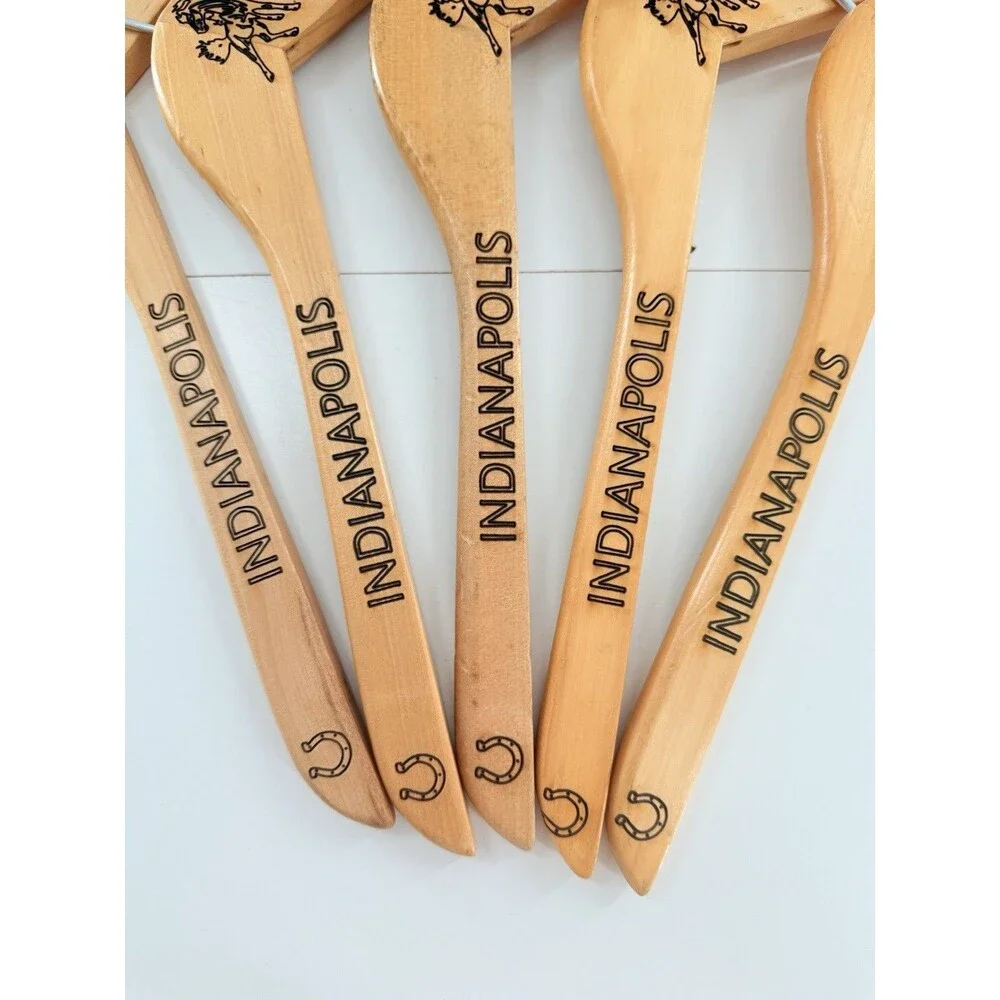 5 Custom natural wood Indianapolis Colts-branded suit hangers.